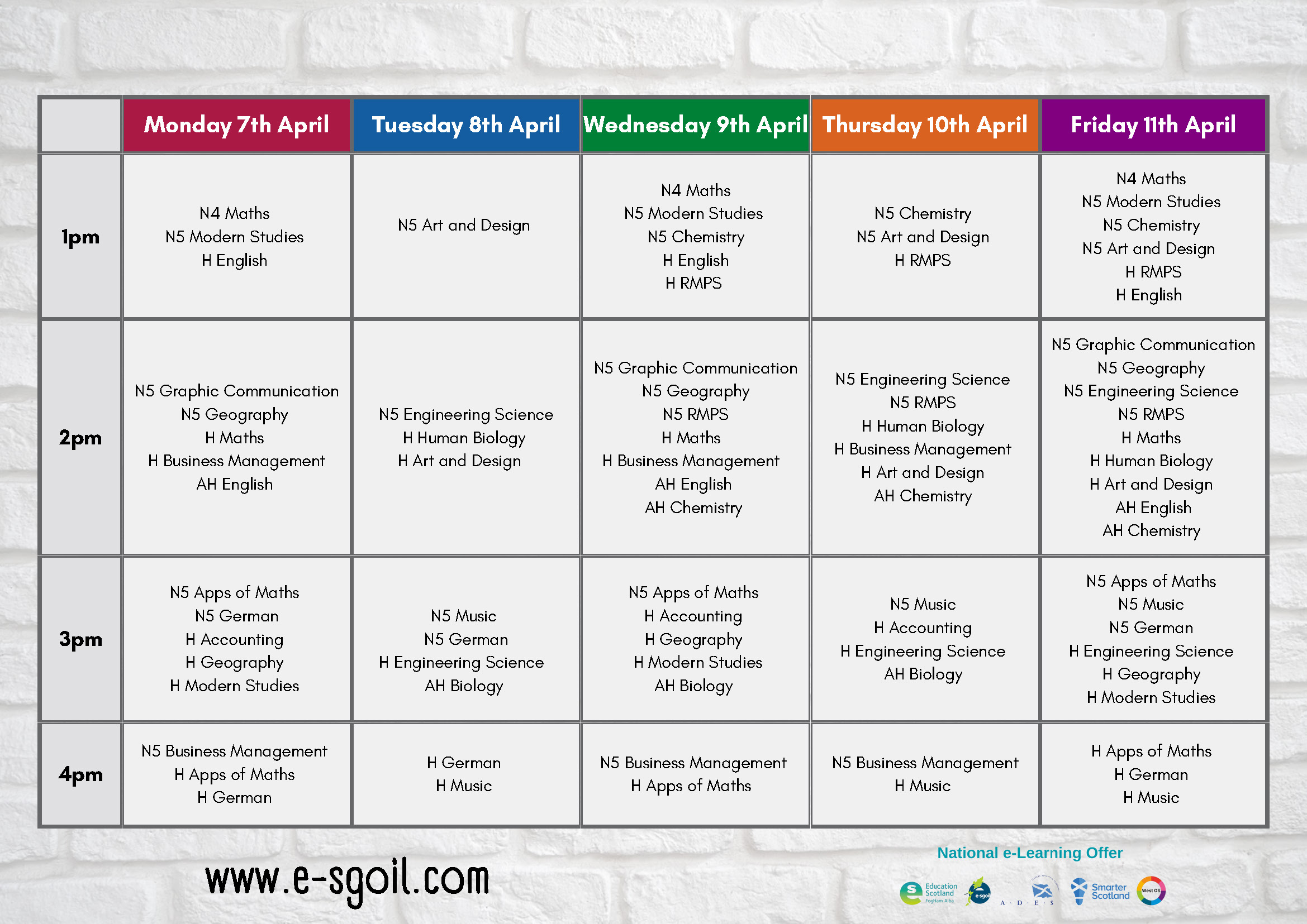 e-Sgoil Study Support Timetable